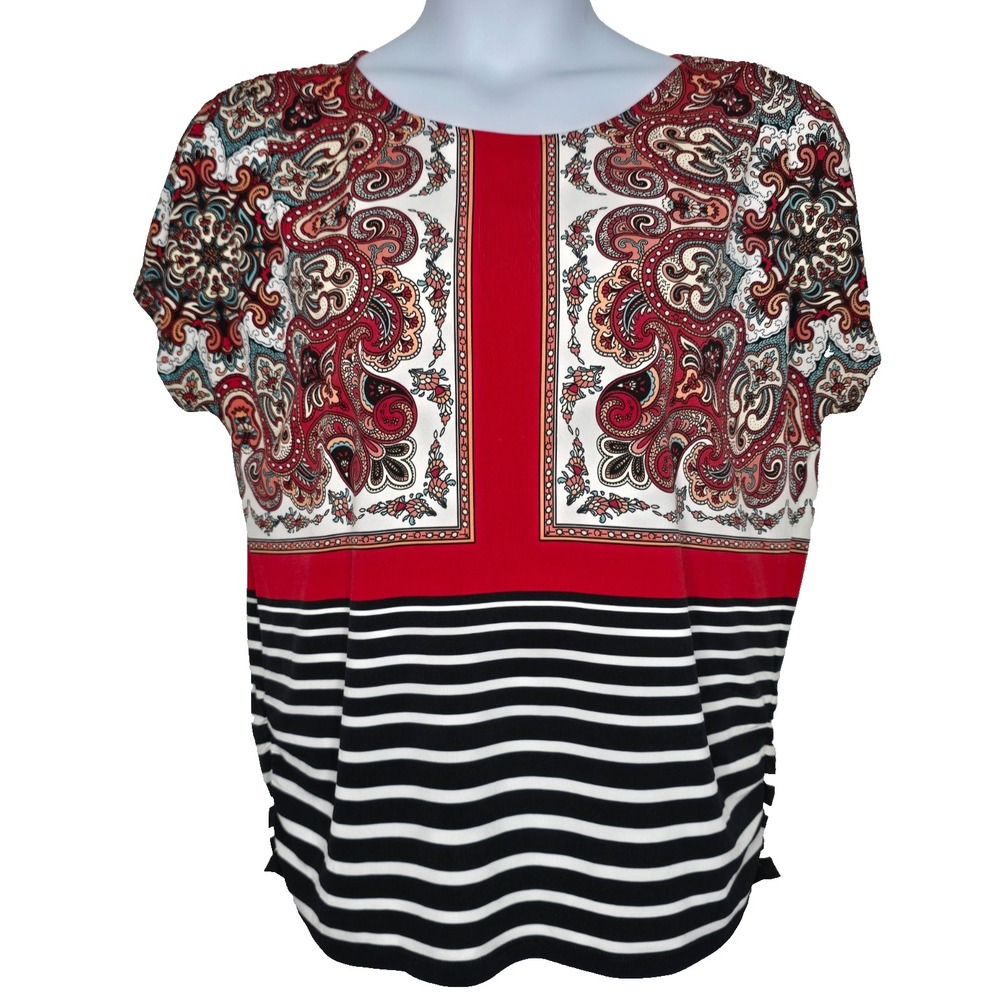 Chicos Womens Shirt Top Large 2 Short Sleeves Red Black Stretch Ruched Blouse‎
